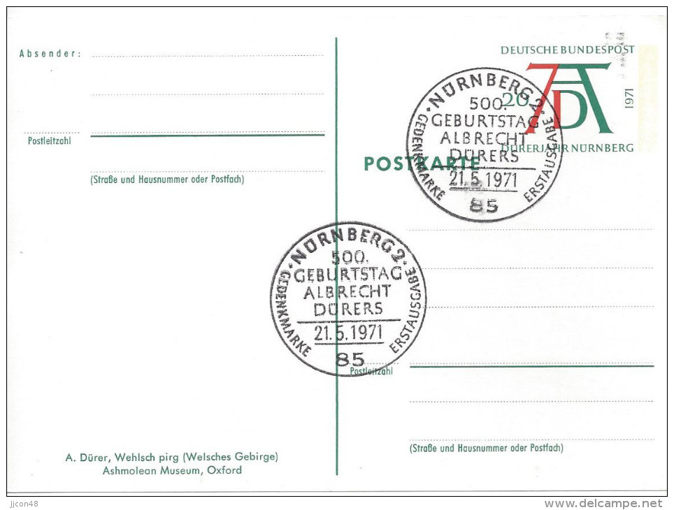 Germany (BRD) 1971  Albrecht Durer (o)  PSo 3/02 Wehlsch Pirg (see Scans) - Cartes Postales Illustrées - Oblitérées