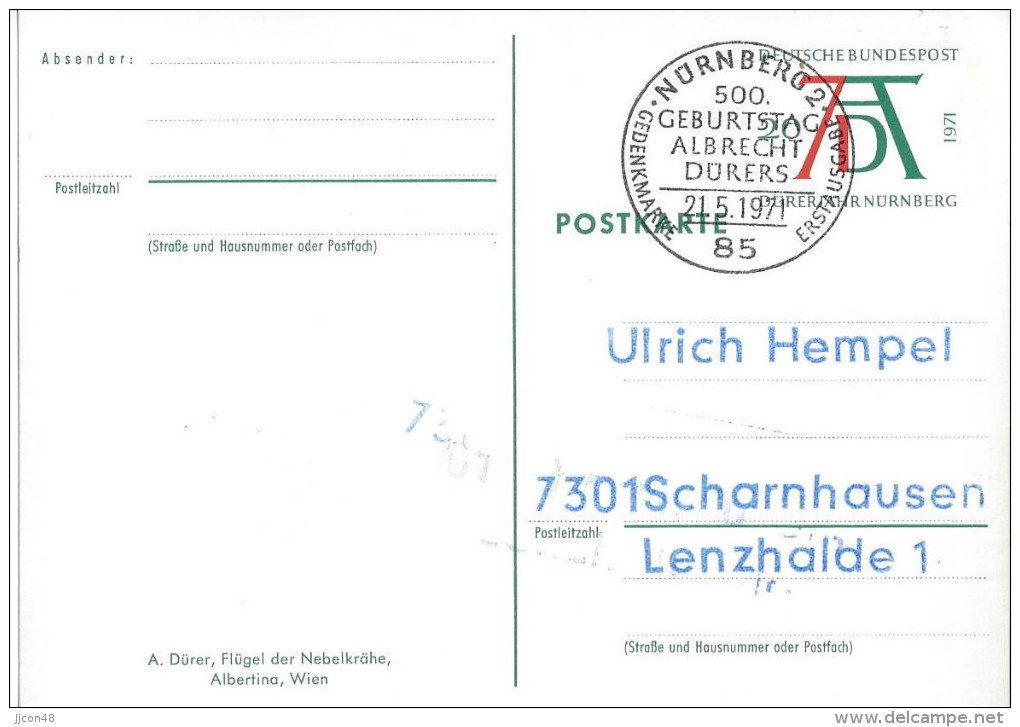 Germany (BRD) 1971  Albrecht Durer (o)  PSo 3/03 Flugel Der Nebelkrahe (see Scans) - Cartes Postales Illustrées - Oblitérées