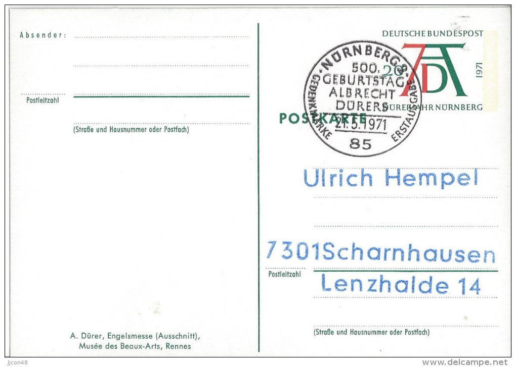 Germany (BRD) 1971  Albrecht Durer (o)  PSo 3/04 Engelsmesse (see Scans) - Cartes Postales Illustrées - Oblitérées