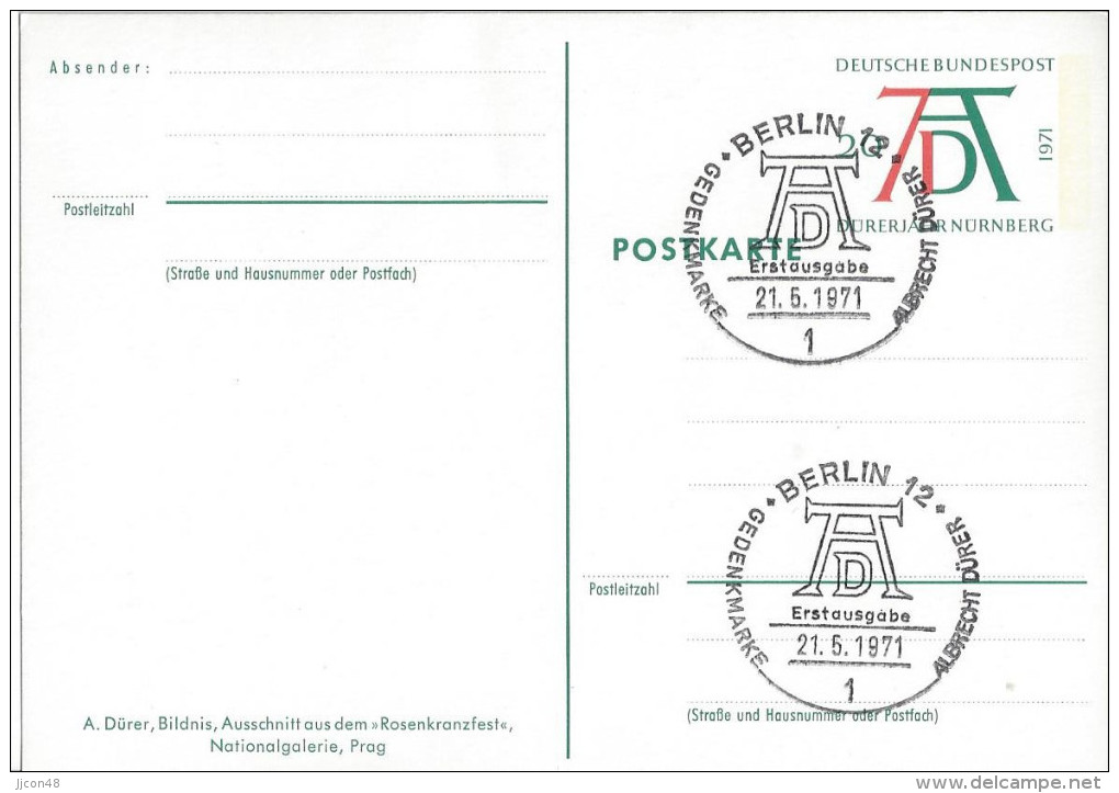 Germany (BRD) 1971  Albrecht Durer (o)  PSo 3/05 Ausschnitt Aus Dem Rosenkranzfest (see Scans) - Illustrated Postcards - Used