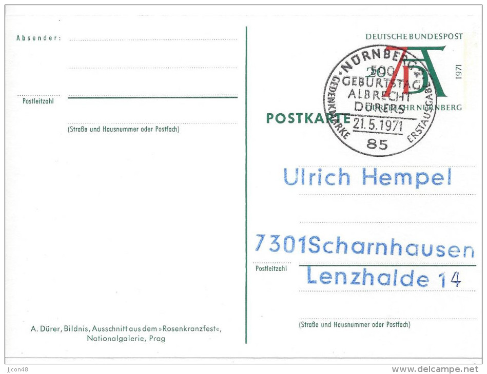 Germany (BRD) 1971  Albrecht Durer (o)  PSo 3/05 Ausschnitt Aus Dem Rosenkranzfest (see Scans) - Illustrated Postcards - Used