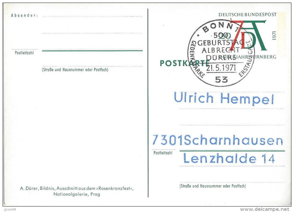 Germany (BRD) 1971  Albrecht Durer (o)  PSo 3/05 Ausschnitt Aus Dem Rosenkranzfest (see Scans) - Cartes Postales Illustrées - Oblitérées