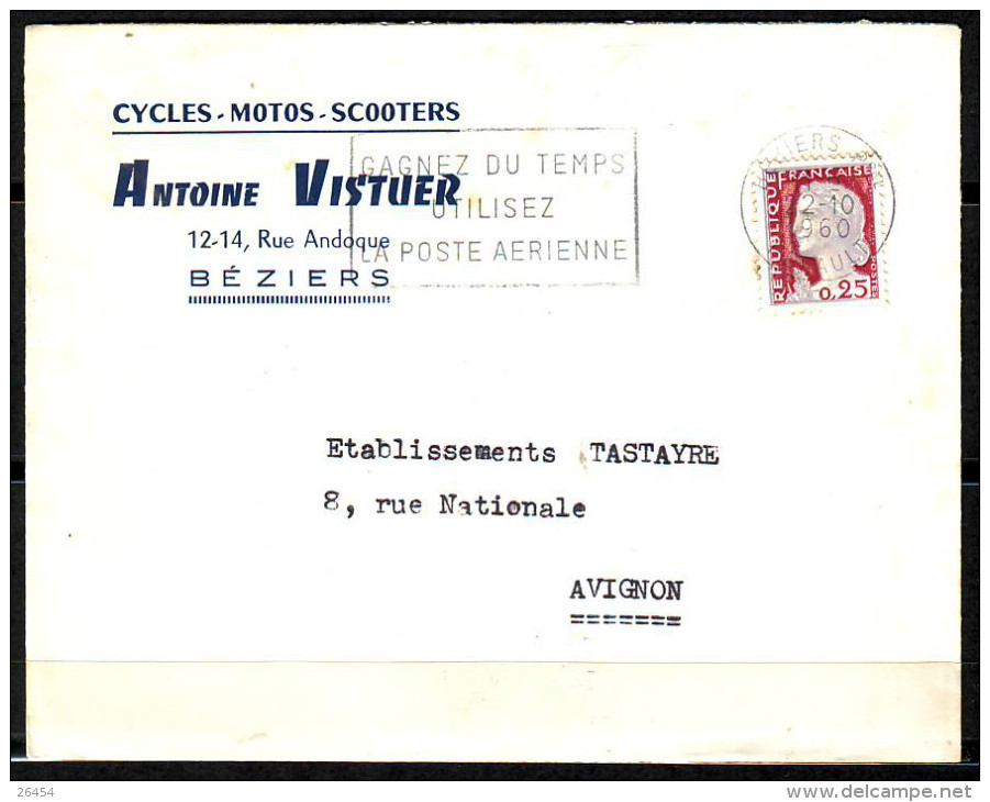 Secap De BEZIERS Ppal  Le  22 10 1960   GAGNEZ DU TEMPS...  Entete  PUB   " CYCLES-MOTOS-SCOOTERS " - 1960 Marianne Van Decaris