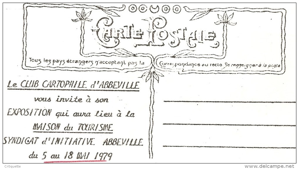 SOUVENIR D' ABBEVILLE 80100 (carte D' Invitation à La 1ère Expo Cartophile D' Abbeville En Mai 1979) - Abbeville
