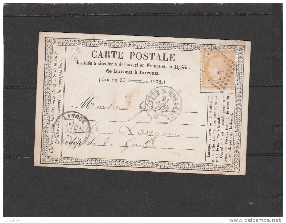 Yvert 59 Sur Carte Précurseur 21/11/1873 Cachet Losange Ambulant Cette à Bordeaux B Ou D De Tonneins à Langon Gironde - Vorläufer