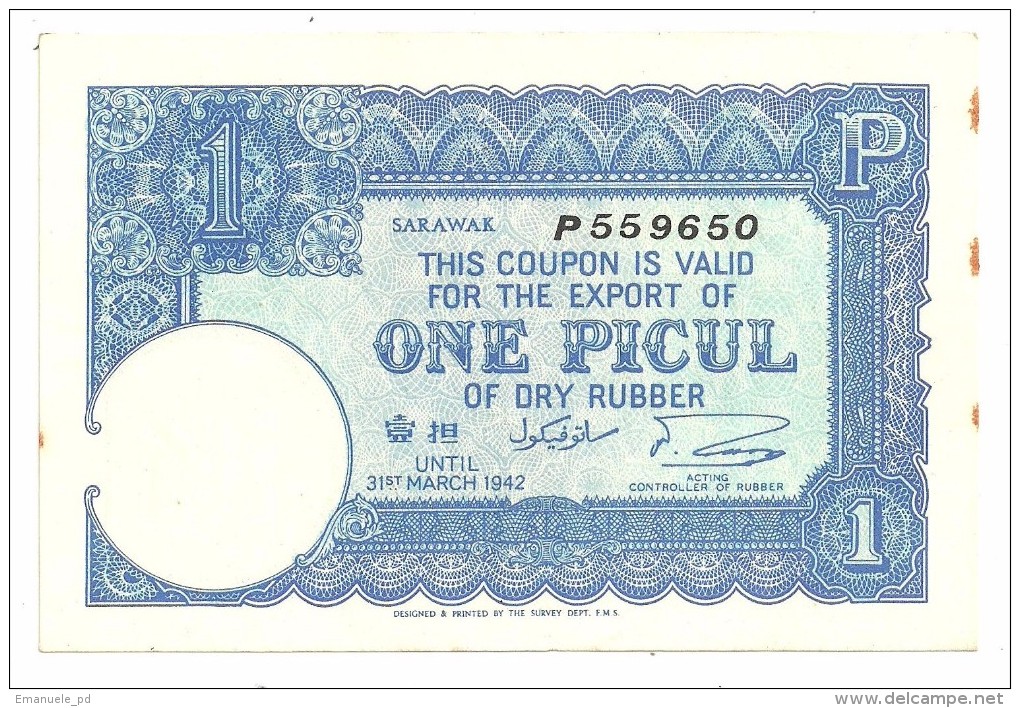 Sarawak Rubber Coupon FMS 1 Picul 1942 Stain UNC .S. - Malaysia