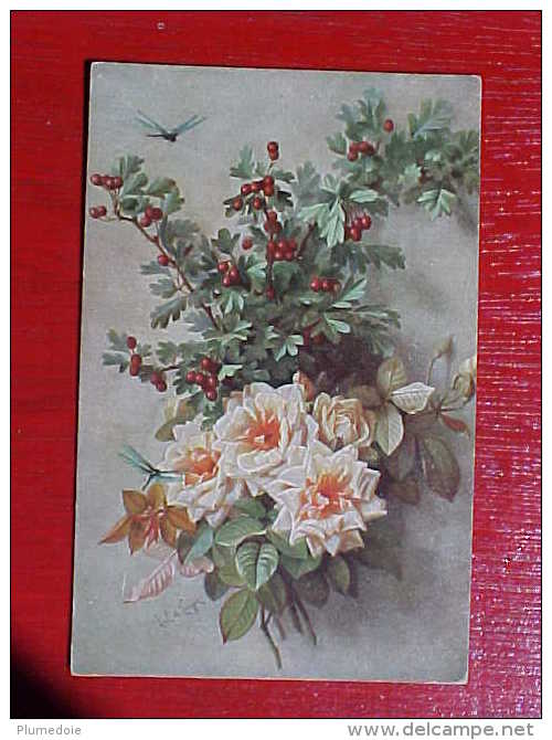 Cpa FLEURS Signée PAUL De LONGPRE , ROSES, BAIES , LIBELLULE, 1906 DRAGONFLY &  FLOWERS  A/s   Recto Verso Prix Fixe - Fleurs