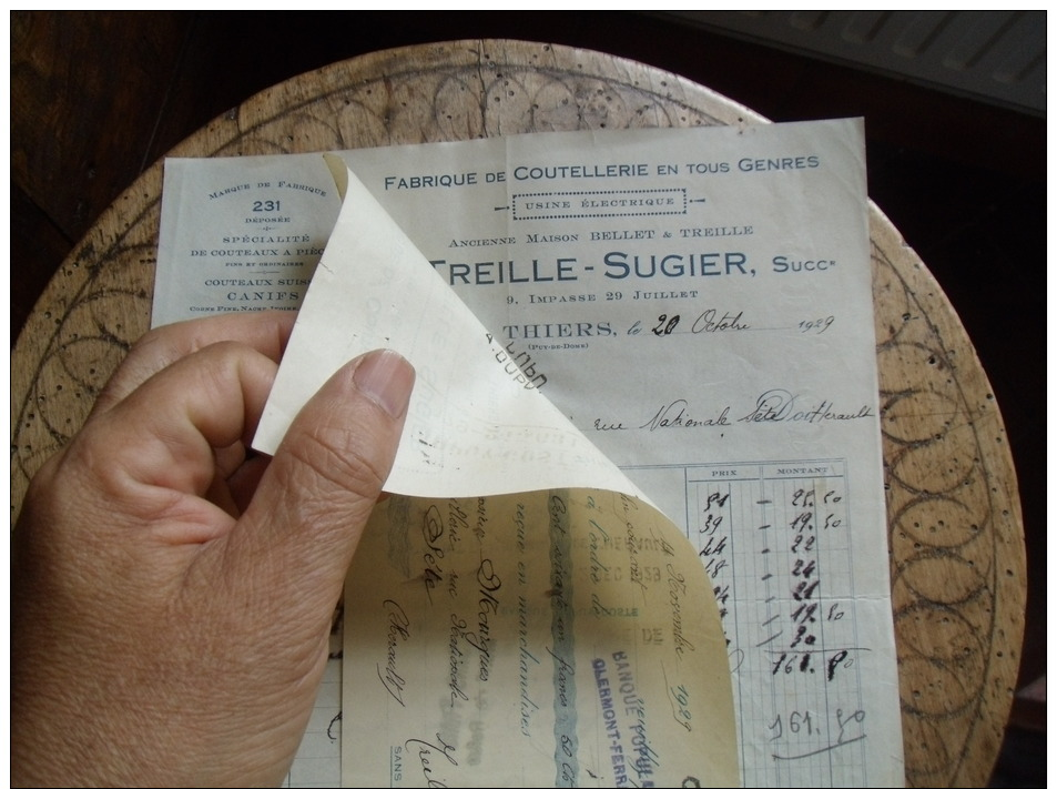 Facture Thiers Coutellerie Couteau Treille Sugier Lettre Change - 1900 – 1949