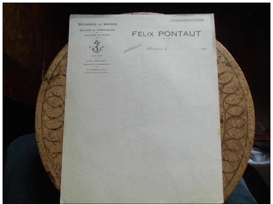 Facture  Secherie Morue Felix Pontaut Bordeaux - 1900 – 1949