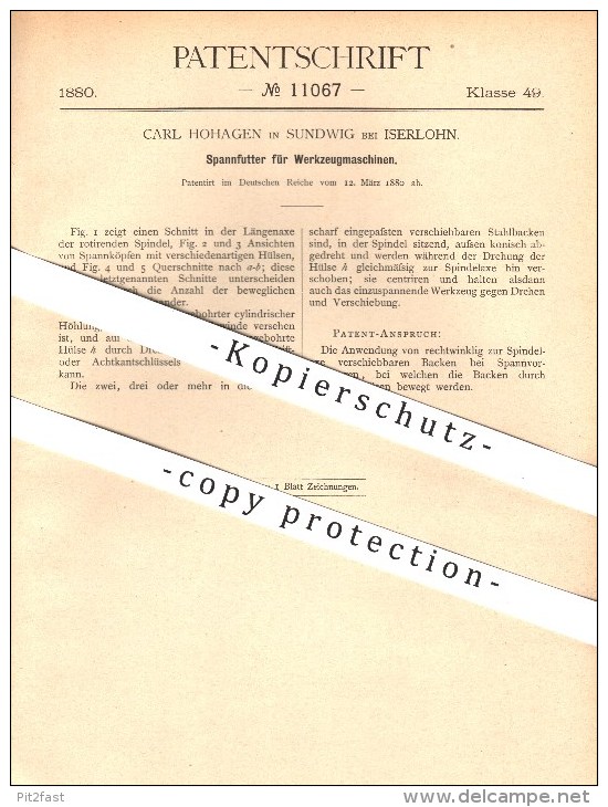 Original Patent - Carl Hohagen In Sundwig Bei Iserlohn , 1880 , Spannfutter Für Werkzeugmaschinen , Werkzeug , Metall !! - Historische Dokumente