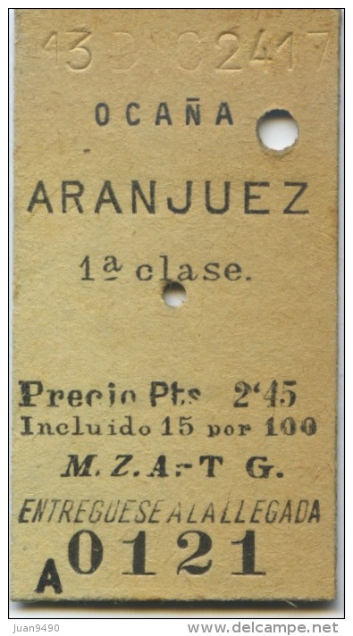 121 BILLETE EDMONDSON DE LOS FERROCARRILES ESPAÑOLES // M.Z.A. - T.G. // OCAÑA - ARANJUEZ // 1ª CLASE // 1924 - Europe