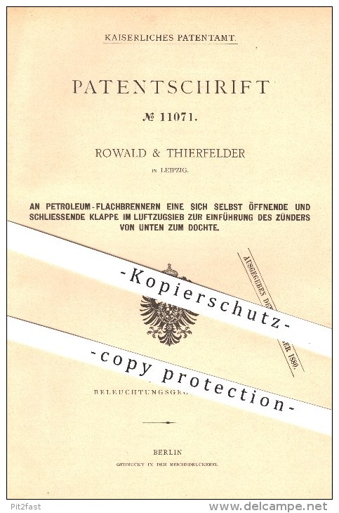 Original Patent - Rowald & Thierfelder In Leipzig , Petroleum - Flachbrenner , Brenner , Lampe , Laterne , Licht !!! - Historische Dokumente