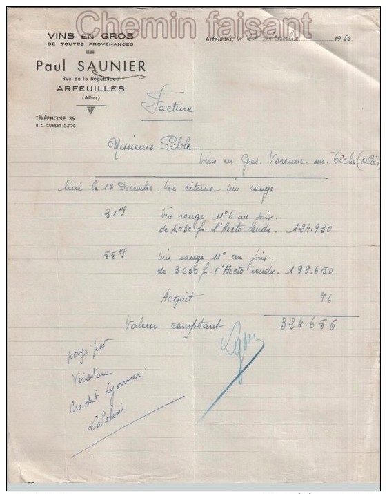 Document Du 21/12/1955 PAUL SAUNIER Vins En Gros - Arfeuilles - 03 Allier - Levensmiddelen