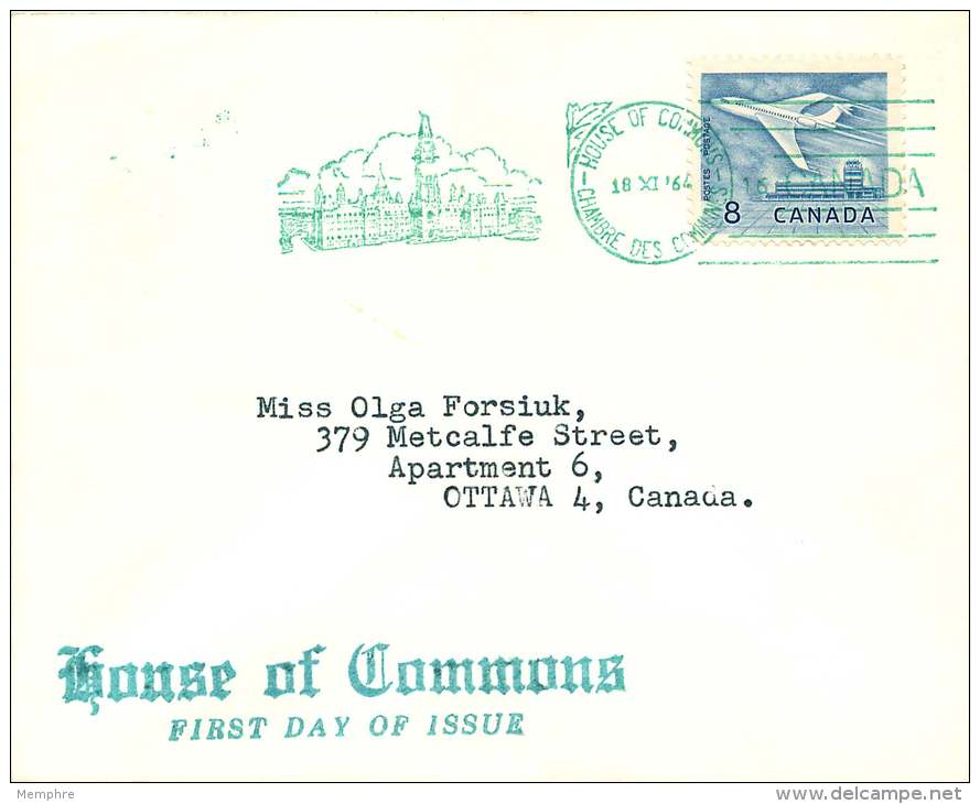 1964   Jet Plane At Ottawa Airport  8&cent;    Sc 436  House Of Commons Cachet - 1961-1970