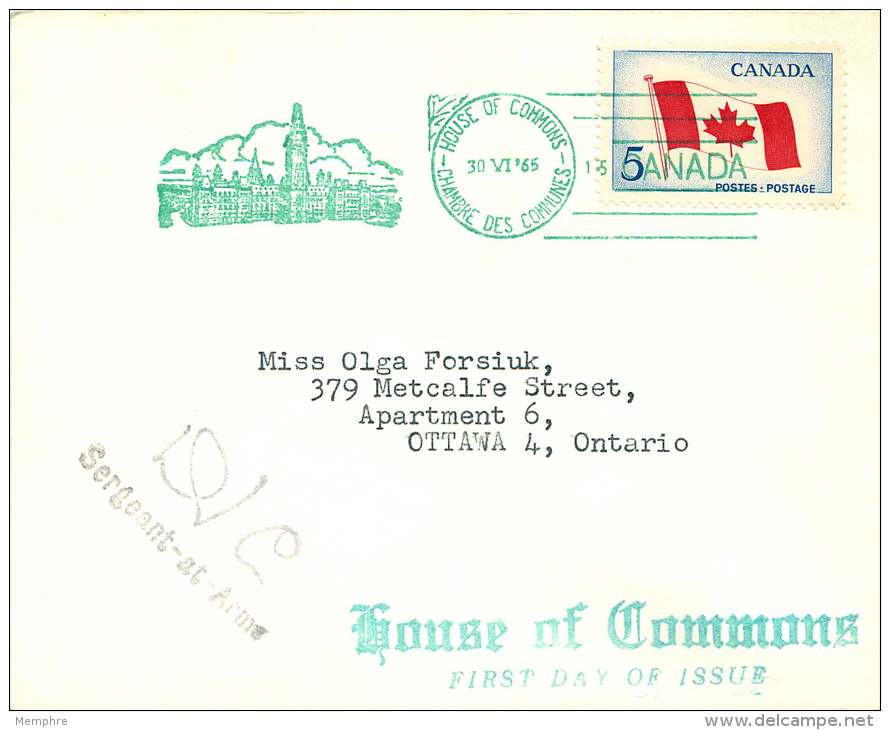 1967  Centennial Of Confederation  Flag, Map  Sc 453 -  House Of Commons Cachet - 1961-1970