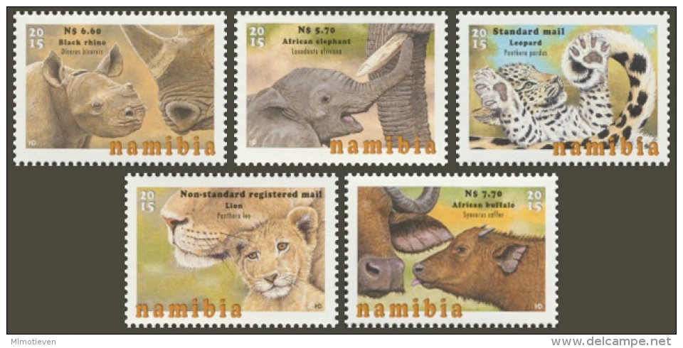 MDA-BK2-034 MINT ¤ NAMIBIA 2015 5w In Serie ¤ BABY BIG FIVE - WILD ANIMALS OF THE WORLD - MAMMALS AND OTHER - Animalez De Caza