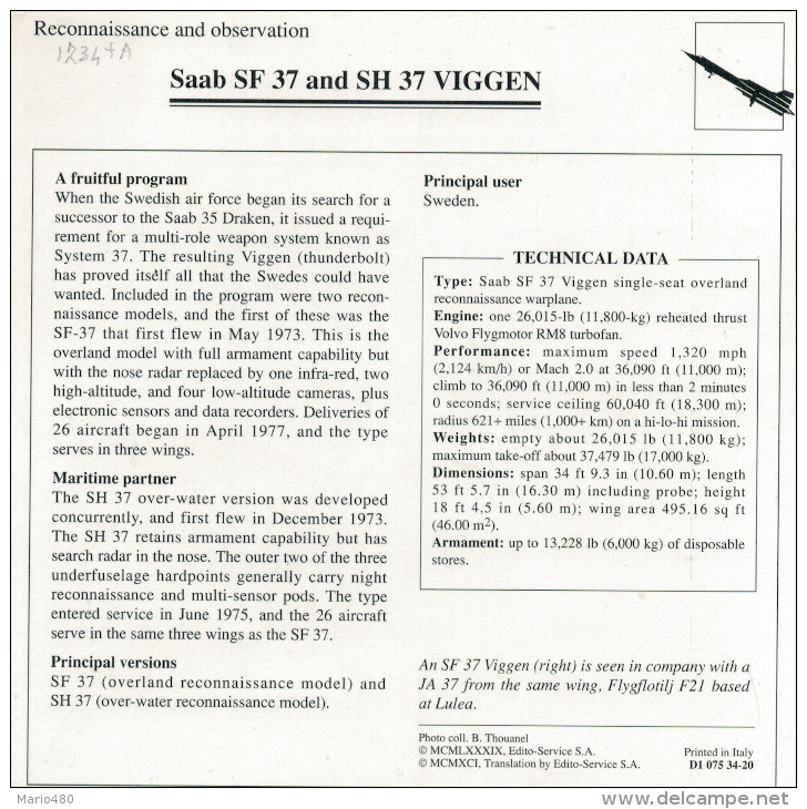 SAAB  SF  37  AND  SH  37   VIGGEN     2SCAN  (NUOVA CON DESCRIZIONE SUL RETRO) - 1946-....: Moderne