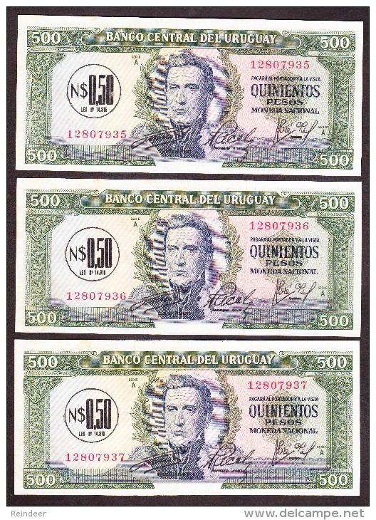 * URUGUAY: 0,50 NUEVOS PESOS (1975) AUNC 3 Billetes Correlativos - Uruguay