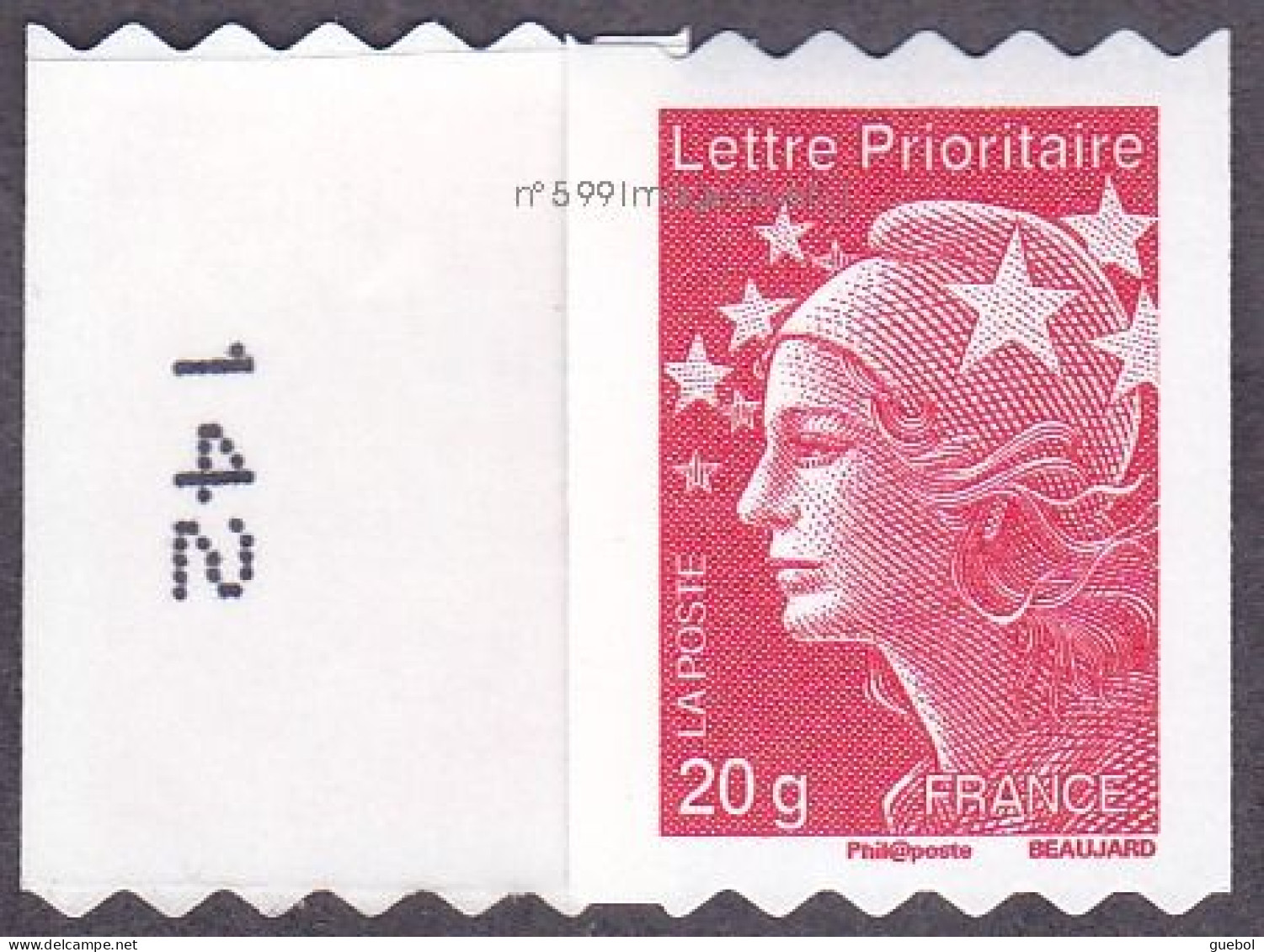 France Roulette Autoadhésif ** N°  599 Au Modèle 4572 - Marianne De Beaujard De 20 Gr. Prioritaire, Au Verso N° Noir - Rollen