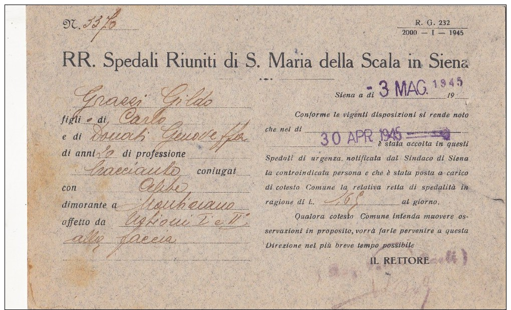 SIENA 1945 - PREGEVOLE AFFRANCATURA MISTA IMPERIALE CON E SENZA FASCI + SOPRASTAMPATI P.M. - CART. RACCOMANDATA  - SX067 - Storia Postale