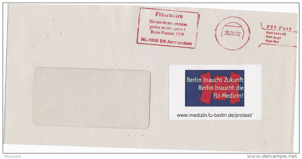 2002 REMAIL COVER Amsterdam NETHERLANDS PRIORITAIRE METER Inst PHAMACOLOGY BERLIN University GERMANY , FU MEDIZIN LABEL - Covers & Documents