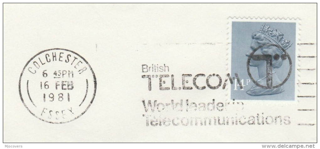 1981 Cover Slogan BRITISH TELECOM WORLD LEADERS IN TELECOMMUNCIATIONS Colchester GB Telephone Stamps - Telecom