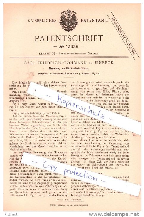 Original Patent -  C. F. Göhmann In Einbeck , 1887 , Neuerung An Häckselmaschinen , Landwirtschaft , Agrar !!! - Einbeck