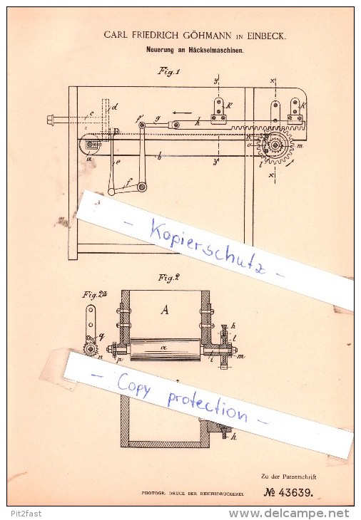 Original Patent -  C. F. Göhmann In Einbeck , 1887 , Neuerung An Häckselmaschinen , Landwirtschaft , Agrar !!! - Einbeck