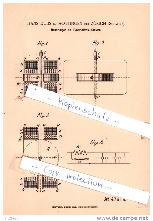 Original Patent - H. Dubs In Hottingen Bei Zürich , Schweiz , 1888 , Elektricitäts-Zähler !!! - Documents Historiques