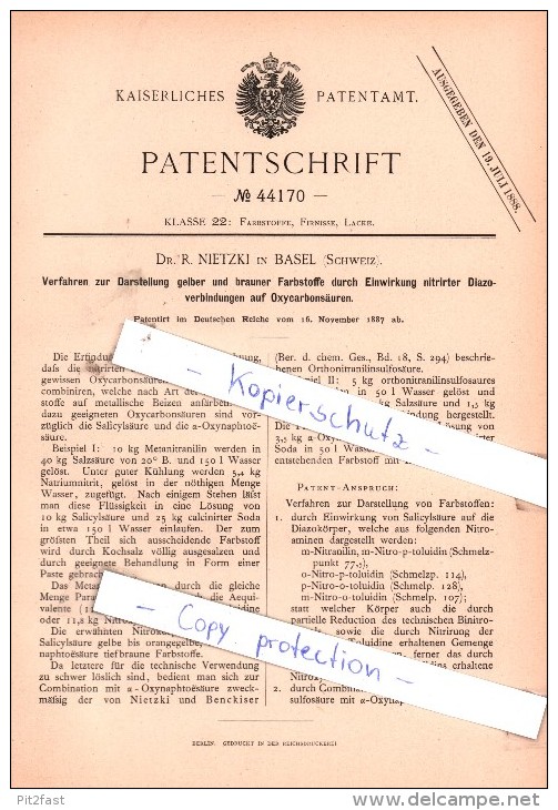 Original Patent - Dr. R. Nietzki In Basel , Schweiz , 1887 , Darstellung Gelber Und Brauner Farbstoffe !!! - Historische Dokumente