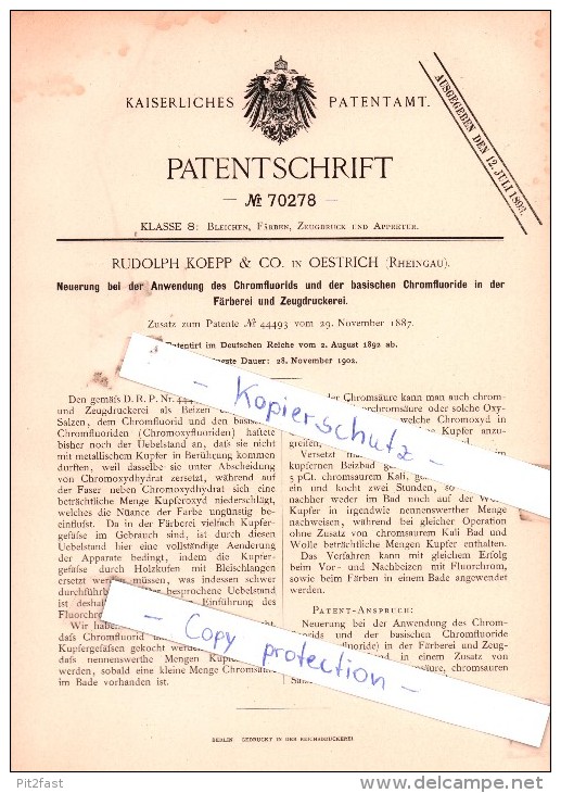 Original Patent - R. Koepp & Co. In Oestrich , Rheingau , 1892 , Anwendung Des Chromfluorids !!! - Historische Dokumente