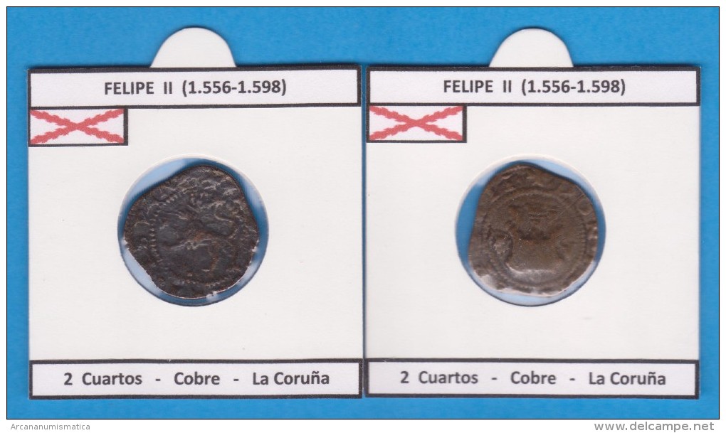 FELIPE II (1.556-1.598) 2 Cuartos Cobre La Coruña SC/UNC Réplica T-DL-11.366 - Essays & New Minting