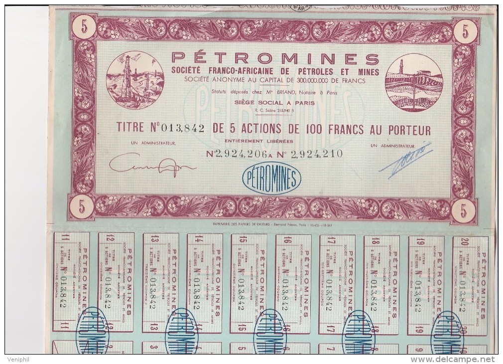 TITRE DE 5 ET 10 ACTIONS DE 100 FRS -PETROMINES -SOCIETE FRANCO AFRICAINE DE PETROLES ET MINES - Mines