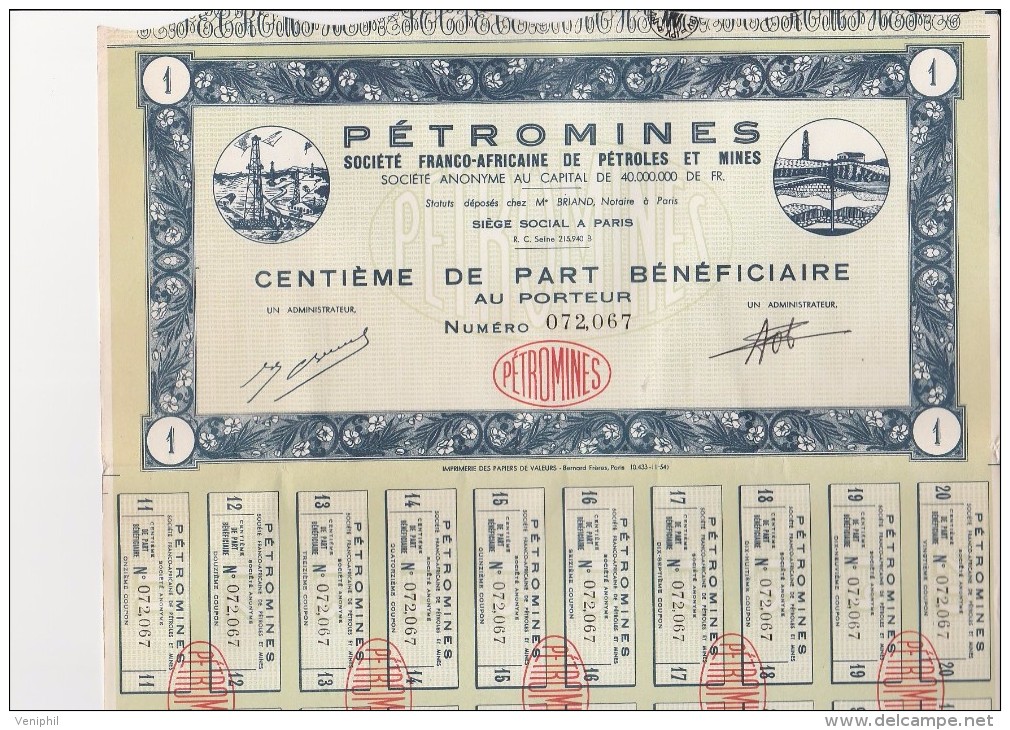 -PETROMINES -SOCIETE FRANCO AFRICAINE DE PETROLES ET MINES- 1 - 5-10 - ET 25 CENTIEMES DE PART BENEFICIAIRE - Mines