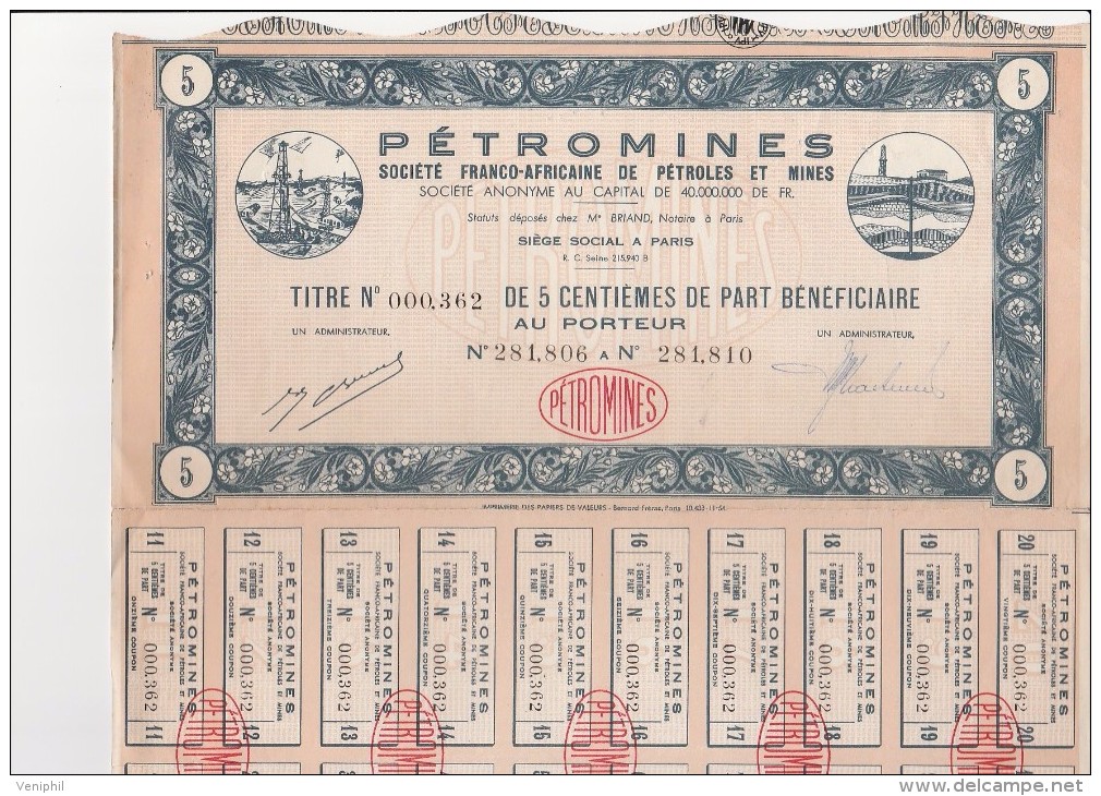 -PETROMINES -SOCIETE FRANCO AFRICAINE DE PETROLES ET MINES- 1 - 5-10 - ET 25 CENTIEMES DE PART BENEFICIAIRE - Mines