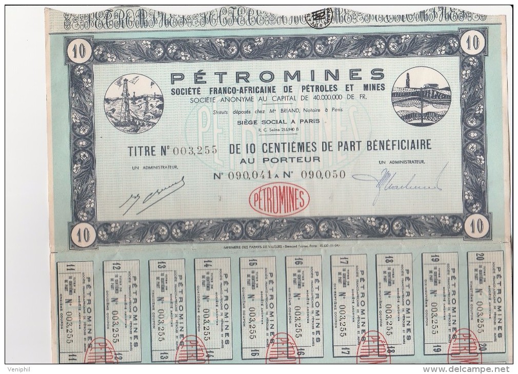 -PETROMINES -SOCIETE FRANCO AFRICAINE DE PETROLES ET MINES- 1 - 5-10 - ET 25 CENTIEMES DE PART BENEFICIAIRE - Mines