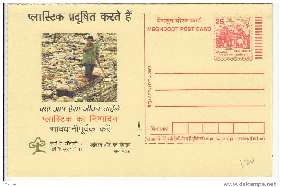 Enviornment & Forest Dept., "Plastic Pollutes", Pollution, Boat Transport On River, Meghdoot Unused Postcard - Pollution