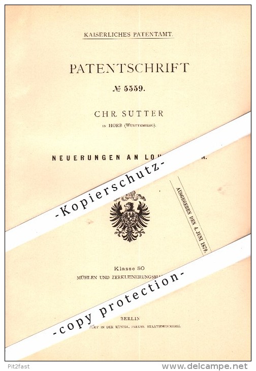 Original Patent - Christian Sutter In Horb Am Neckar , 1878 , Lohmühle , Mühle , Windmühle , Müller !!! - Horb
