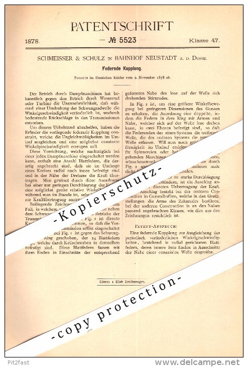 Original Patent - Schmeisser & Schulz In Bahnhof Neustadt A.d. Dosse , 1878 , Federnde Kupplung , Maschinenbau !!! - Neustadt (Dosse)