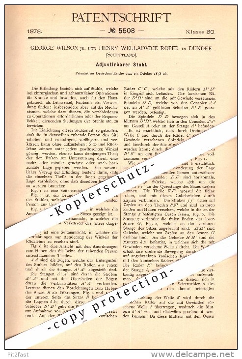 Original Patent - G. Wilson And H. Roper In Dundee , Scotland , 1878 , Chair Dentist And Operations !!! - Macchine