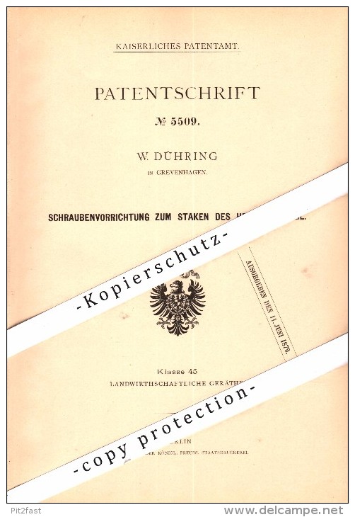 Original Patent - W. Dühring In Grevenhagen B. Steinheim , 1878 , Apparat Zum Staken Von Heu , Höxter , Landwirtschaft ! - Steinheim