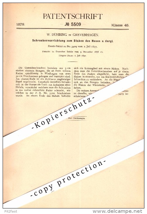 Original Patent - W. Dühring In Grevenhagen B. Steinheim , 1878 , Apparat Zum Staken Von Heu , Höxter , Landwirtschaft ! - Steinheim