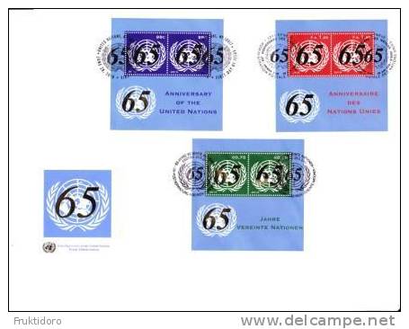 United Nations Cancellations Vienna, Geneva And NY - 2010 - FDC Block 65th Anniversary Blocks - FDC