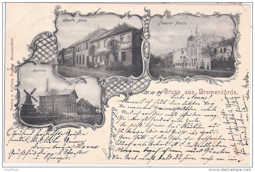 Gruss Aus BREMERVÖRDE Meierei M Wind Mühle Mill Daefz Hotel Großer Platz Jugendstil 20.10.1899 Gelaufen - Bremerhaven