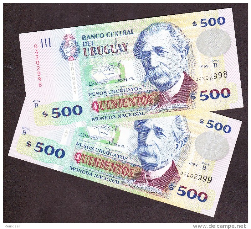 ® URUGUAY - 500 Pesos (serie B, 1999) UNC - 2 Billetes Correlativos - Uruguay