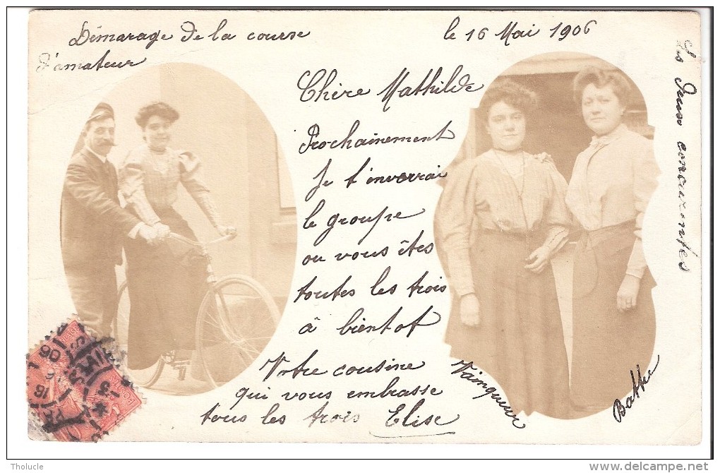 Carte Photo-1906-Jolies Demoiselles (femmes)-Vélo-Bicyclette-Humour-Démarage De La Course D'Amateur...-carte Nuage - Photographie