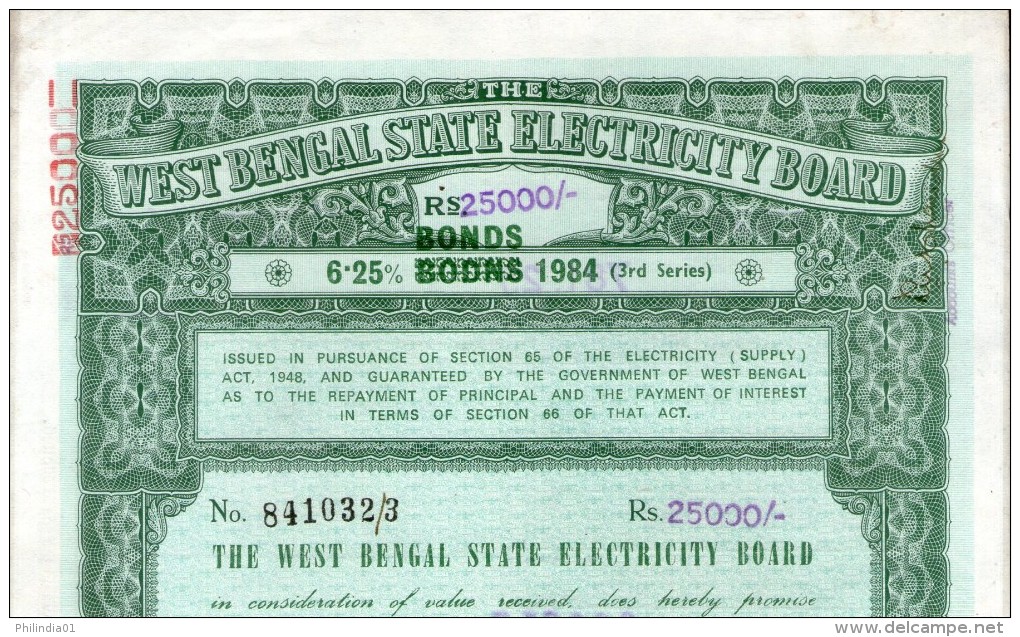 India 1984 West Bengal State Electricity Bonds 3rd Series Corrected Rs. 25000 # 10345C Inde Indien - Elektriciteit En Gas