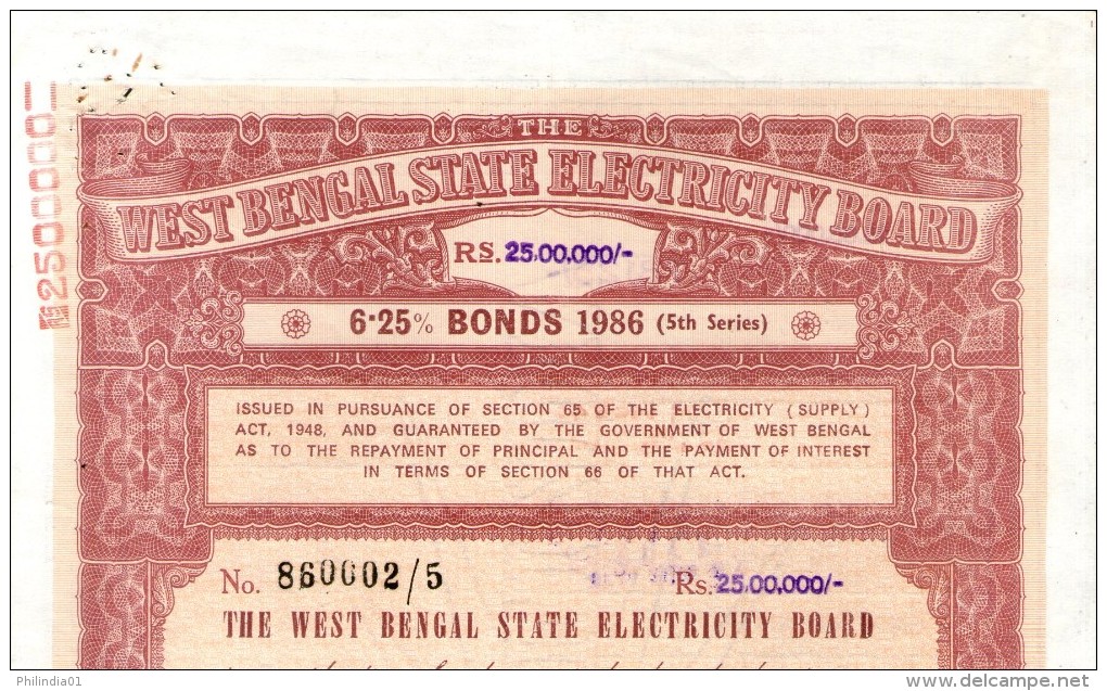 India 1986 West Bengal State Electricity Bonds 5th Series Rs. 2.5 M # 10345D Inde Indien - Electricidad & Gas