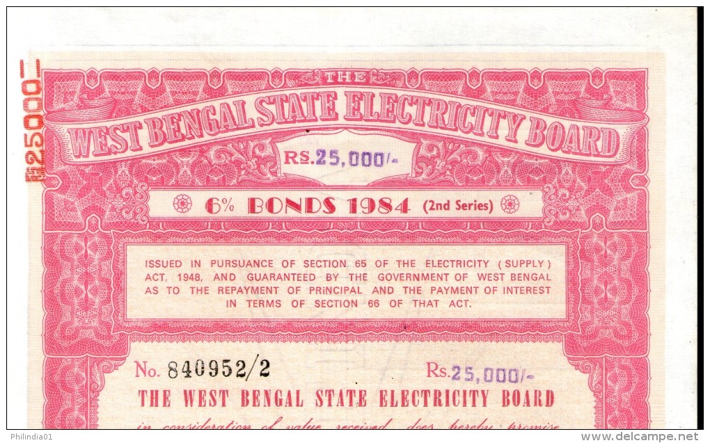 India 1984 West Bengal State Electricity Bonds 2nd Series Rs. 25000 # 10345E Inde Indien - Elektrizität & Gas