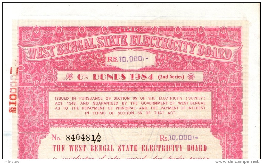 India 1984 West Bengal State Electricity Bonds 2nd Series Rs. 10000 # 10345F Inde Indien - Electricidad & Gas